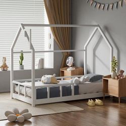 TEMU Treehouse Single Bed Frame - Solid Pine Wood Low Platform With Safety Rails (white, 167×87×135cm, No Mattress) - Bedroom