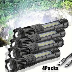TEMU 4pcs Led Flashlight, Rechargeable & Camping Torch - Adjustable Focus, Usb Charging Portable Searchlight For Camping, Hiking, Emergency,