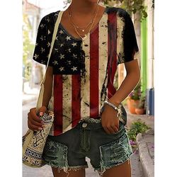 Maglietta Patriottica da Donna Grafica Piante Bandiera Americana Vintage Elegante Classica Maniche Corte Collo A V Regular Tops Stampa Quotidiana Week-end Nero Bianco Rosso Marrone Chiaro Blu