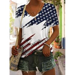 Maglietta Patriottica da Donna Grafica Piante Bandiera Americana Vintage Elegante Classica Maniche Corte Collo A V Regular Tops Stampa Quotidiana Week-end Nero Bianco Rosso Marrone Chiaro Blu
