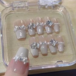 TEMU 10pcs Handmade Medium-length Ballet Fake Nails - Nude Milky White Glitter Base With Rhinestone & Accents, Glossy Detachable Press-on Nails For & Special Occasions, Ballerina Nails