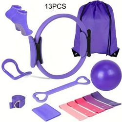 "TEMU 13pcs Pink & Set - Includes 9.8" Ball, 12" Yoga Ring & Resistance Bands For Women - Durable Pp Material For Home Workouts, Flexibility Training & Core Strengthenin"