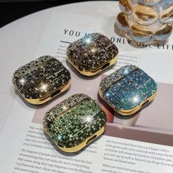 For 2024 Airpods 4 3 2 1 Pro 1nd 2nd Generation Case Gold Plating Bezel Ab Gradient Rhinestone Bluetooth Headset Shockproof Case