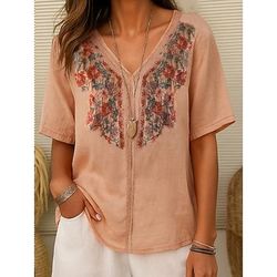 Camicia da donna in cotone e lino con ricamo di piante, elegante, vintage, moda, manica corta, scollo a V, top normali, per tutti i giorni, per uscire, fine settimana, ricamata, rosso, blu navy, marrone chiaro, estate, primavera