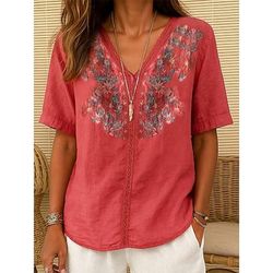 Camicia da donna in cotone e lino con ricamo di piante, elegante, vintage, moda, manica corta, scollo a V, top normali, per tutti i giorni, per uscire, fine settimana, ricamata, rosso, blu navy, marrone chiaro, estate, primavera