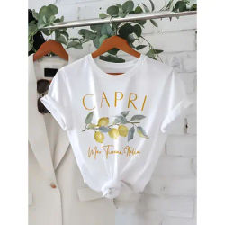 T-shirt Capri italien imprimé citron pour femme, blanc, manches courtes, col rond, t-shirt décontracté avec lettrage doré et feuilles vertes