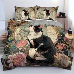 TEMU -2/3pcs Duvet Cover Set, (1 Duvet Cover + 1/2 Pillowcase, Excluding Core) Adorable Cat Floral Branch Artwork Soft And Cozy Bedding Set For Bedroom, Dormitory, Or Family Gift