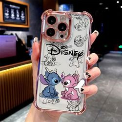 TEMU Cartoon Stitch Couple Phone Case For Iphone 16 15 14 11 Pro Xr Xs 7 Plus Anti-drop Transparent Soft Back Cover