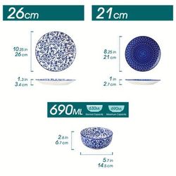TEMU 12-piece Blue And White Handpainted Stoneware Dinner -set With Bowl, Dessert/ For 4 People