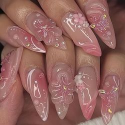 TEMU 24pcs Almond-shaped Fake Nails Sweet Pink Floral Elegant Pure Desire Suitable For All Women And S With Nail File And Jelly Glue Included Easy To Apply Set
