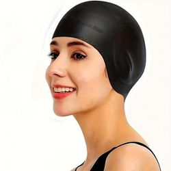 TEMU 1pc Ear Protection Swimming Cap - Waterproof, Non-slip, Comfortable For Adults, Ideal For Long Hair, Blac