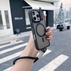 TEMU Luxury Matte Textured Lens Metal Bracket Magnetic Wireless Charging Phone Case And Lanyard, Suitable For Iphone 16promax 16 15 14 11 Pro With Camera Lens Protective Film