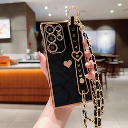 TEMU Simple Side Electroplated Solid Heart + Wrist Strap + Crossbody Chain Series Mobile Phone Case Suitable Phone, S23u S24u S25u