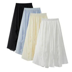 Jupe trapèze élégante pour femme 2026, nouvelle collection été, taille haute élastique, bordure feuille de lotus, couleur unie