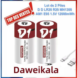 NEW High Capacity USB Rechargeable D Size Lithium-ion Battery 1.5V 12.0Ah for Flashlights and Water Heaters+Free cable