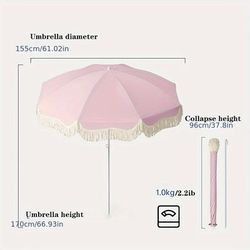 TEMU Large Outdoor Camping Sun Umbrella With Sturdy Steel Pole - Adjustable Height, Portable Beige Canopy, 100% Polyester Fabric For Patio, Beach, Backyard Shade