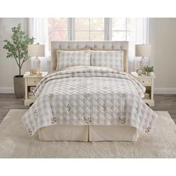 Janie Plaid Embroidery Quilt 3-Pc. Set by BrylaneHome in Tan Plaid (Size TWIN)
