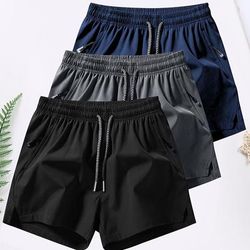 TEMU Men's Quick-dry Athletic Shorts - Moisture-wicking Elastic Drawstring Waist & Zipper Pockets, Lightweight Gym Shorts For Men, Navy/black, Machine Washable, Workout Shorts, Breathable Fabric