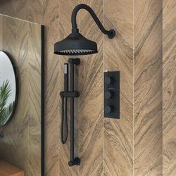Randolph Morris Tranquil Rainfall Wall Mounted Shower Set with Tranquil Wall Mounted Rainfall Shower Head, Round Valve, Grab Bar and Round Wand Handshower - Matte Black RMAS-3TR-RRHGN-HSW-MB