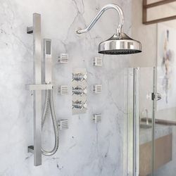 Randolph Morris Tranquil Rainfall Thermostatic Shower Set with Round Showerhead, Square Handshower, Metal Cross Valve, and 6 Sqaure Body Jets - Chrome RMAS-3TMC-RRHGN-HSSQ-6BSQ-C