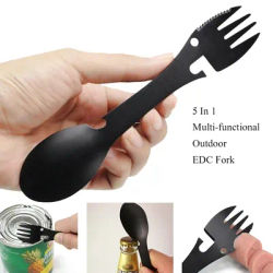 Outdoor Multifunctional Stainless Steel Fork Knife Spoon Can Opener Opener Wrench EDC Kit 5 in 1 Survival Tool Camping Gear