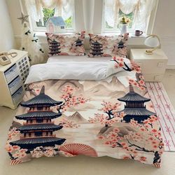 TEMU 3pcs Bedding Set Pink Cherry And Pagoda Print (1duvet Cover + 2 Pillowcases, Without Core) For Bedroom Deco