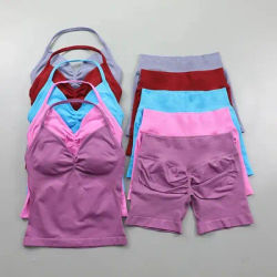 Impact Seamless Yoga Set Women 2Pcs Padded Halter Tank Top Scrunch Butt Lifting Gym Shorts Set Summer Sportswear Workout Clothes