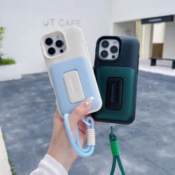Invisible Bracket Card Holder Wallet Phone Case with Wrist Strap for iPhone 16e 16 Pro Max 15 14 Plus 13 12 11 Shockproof Cover