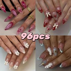 TEMU Of 96pcs European And American Press-on Nails Fashionable Versatile Floral Pearl Bow Gradient Water Drop High-end Design Almond Short Fake Nails Set Gift 4pcs And Nail File 4pcs