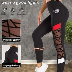 TEMU Women's High-waisted Yoga Leggings With Color - Breathable, Moisture-wicking, And Comfortable For Running, Yoga, And Fitness, Outdoor Sports Pants, Gear|color Block Leggings|stretchable Fabric
