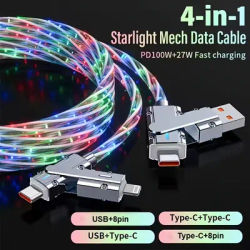 4-in-1 Zinc Alloy USB C Fast Charging Cable with Led Light Multi USBC Type C Charger for IPhone 16 15 Pro Max for Airpods