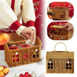 Cestino a forma di casa in rattan con coperchio, organizer decorativo per scaffali intrecciati a mano con manico pieghevole, cestino in vimini raccolto ﻿