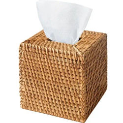 WISH Copri scatola per fazzoletti in rattan, porta fazzoletti quadrati in vimini intrecciati a mano per fazzoletti per il viso, per il bagno e il soggiorno, porta fazzoletti