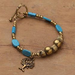 'Brass and Turquoise-Toned Resin Beaded Tree Charm Bracelet'