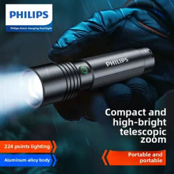 Philips Lampe de poche rechargeable super lumineuse en alliage d'aluminium - Zoom longue portée, portable pour usage extérieur et domestique Defensa Personal