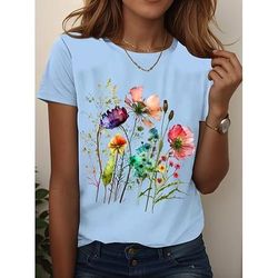 Per donna Maglietta Floreale Grafico Piante Vintage Elegante Classico Manica Corta Girocollo Top Regolari Quotidiano Uscire Weekend Stampato Nero Bianco Rosa Blu Azzurro cielo Estate Primavera Autunno