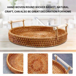 Ornamenti Vassoio portaoggetti in rattanCestino rotondo con manico Vassoio in rattan intrecciato a mano Cestino in vimini Pane Frutta Cibo Colazione Display