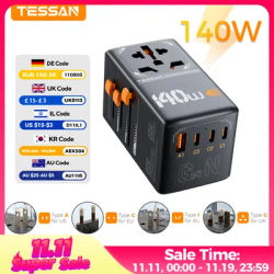TESSAN 65W/100W/140W GaN Universal Travel Adapter With USB & Type-C All-in-1 Adapter Fast Charger EU/UK/USA/AUS Plug for Travel