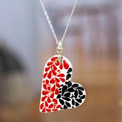 Heart of Gardens,'Leafy Painted Red and Black Ceramic Heart Pendant Necklace'