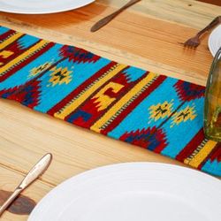 Banquet in Thunder,'Woven Fringed 100% Wool Table Runner in Yellow and Blue Hues'