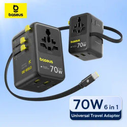 Baseus GaN chargeur adaptateur de voyage universel intégré câble rétractable 70W 2AC 2 USB-A type-c charge rapide ue/royaume-uni/états-unis/AUS