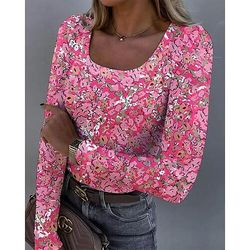T-shirt da donna maniche lunghe rigata grafica collo quadrato maniche lunghe casual tunica floreale piante vintage elegante top regolari stampa quotidiana bianca rosa arancione verde beige primavera