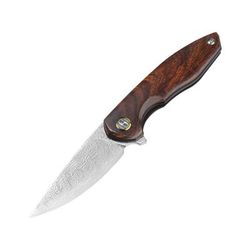 Bestech Knives Bambi Folding Knife 4.13in Closed 3.13in Mirror Damascus Steel Blade Ironwood Handle Gold Accents Brown Leather Belt Sheath BL08F