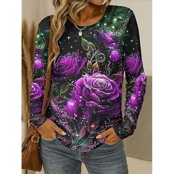 T-shirt da donna con maniche lunghe girocollo maniche lunghe tunica grafica floreale piante vintage elegante classica collo rotondo tops regolari stampa gialla rossa blu viola verde autunno