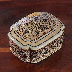 'Kashmir-Inspired Leaf-Themed Black and Golden Decorative Box'