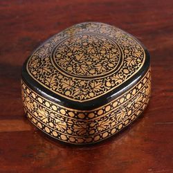 Midnight Vine,'Black Gold Painted Papier Mache and Wood Leaf Decorative Box'