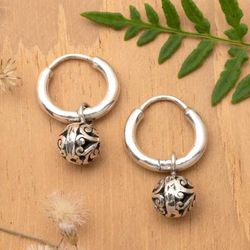 Swirling Garden,'Sterling Silver Hoop Earrings with Balinese Swirl Ball Motif'