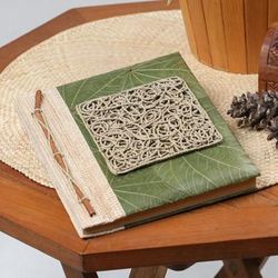 Memories from the Heart,'Handmade Natural Fiber Journal Covered in Green Leaves'