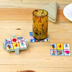 'Decoupage 7-Piece Pinewood Loteria Coaster and Stand Set'