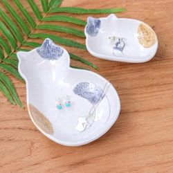 '2 Abstract Cat-Themed Whimsical Glazed Ceramic Catchalls'